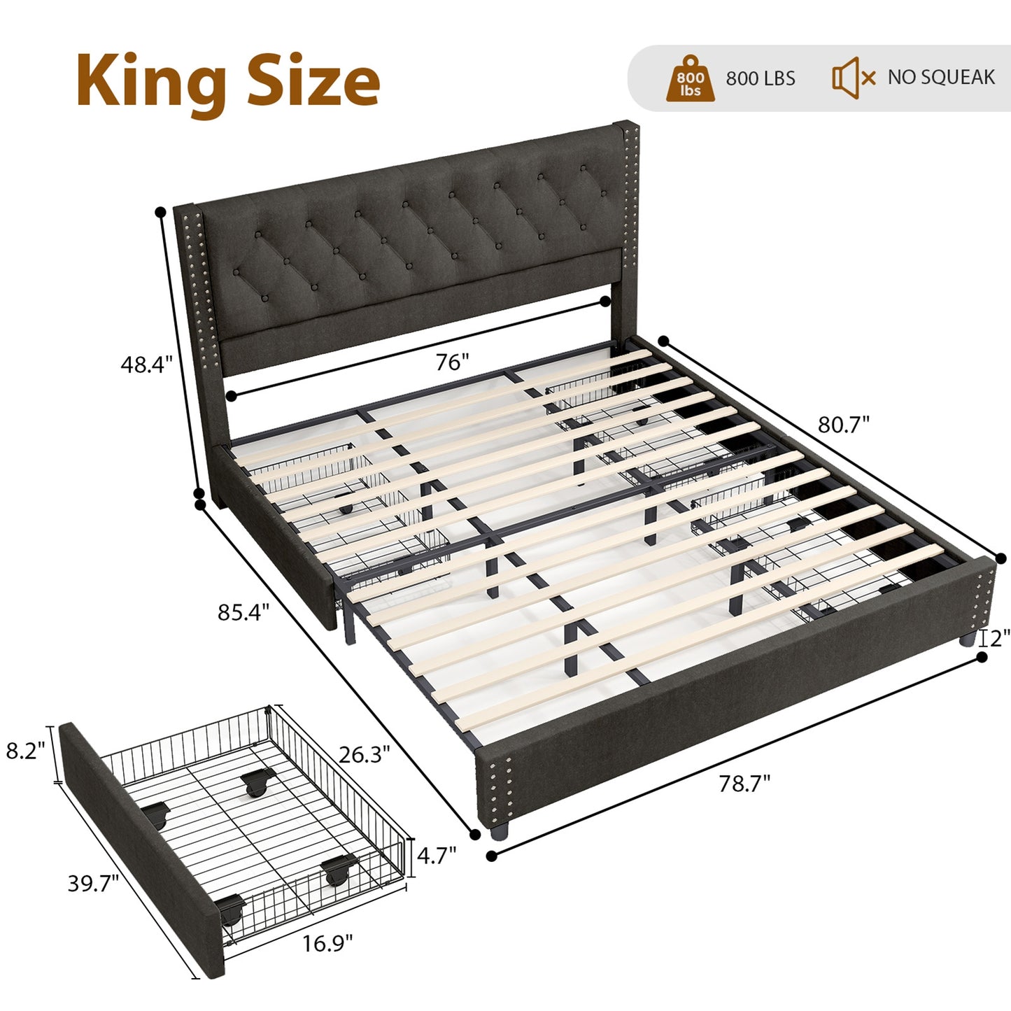 King Size Bed Frame With Upholstered Button Tufted Headboard Wood Slat Support Metal Platform Bed Frame With 4 Drawers No Box Spring Needed Easy Assembly For Home