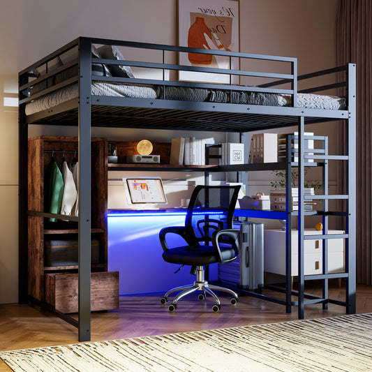 Loft Bed, 140x200cm , Metal Bed, With LED Lights, Desk, 1 Drawers, Shelves, Railings, Stairs, Without Mattress, Black
