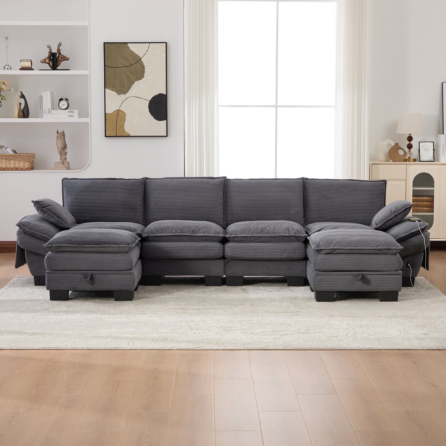 Modular 4-seater Corduroy Sofa  With 2 Stools Wide Seat, Ergonomic Design, High-density Foam Padding, USB-C Port And Side Pockets.Ideal For Living Room, Office Or Lounge.DarkGray