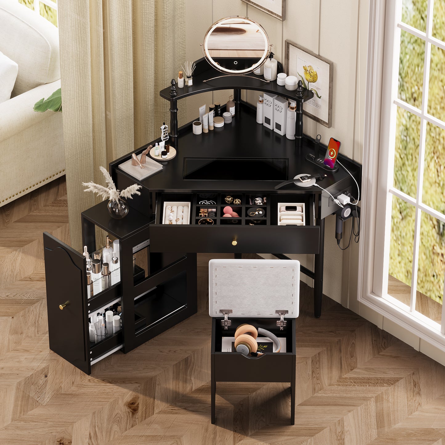 Corner Vanity Desk Set With Storage Cushioned Stool And Charging Station, Triangle Makeup Desk With Removable Pull-Out Side Cabinet, Glass Tabletop Makeup Vanity Desk With Drawer And Shelf, Black