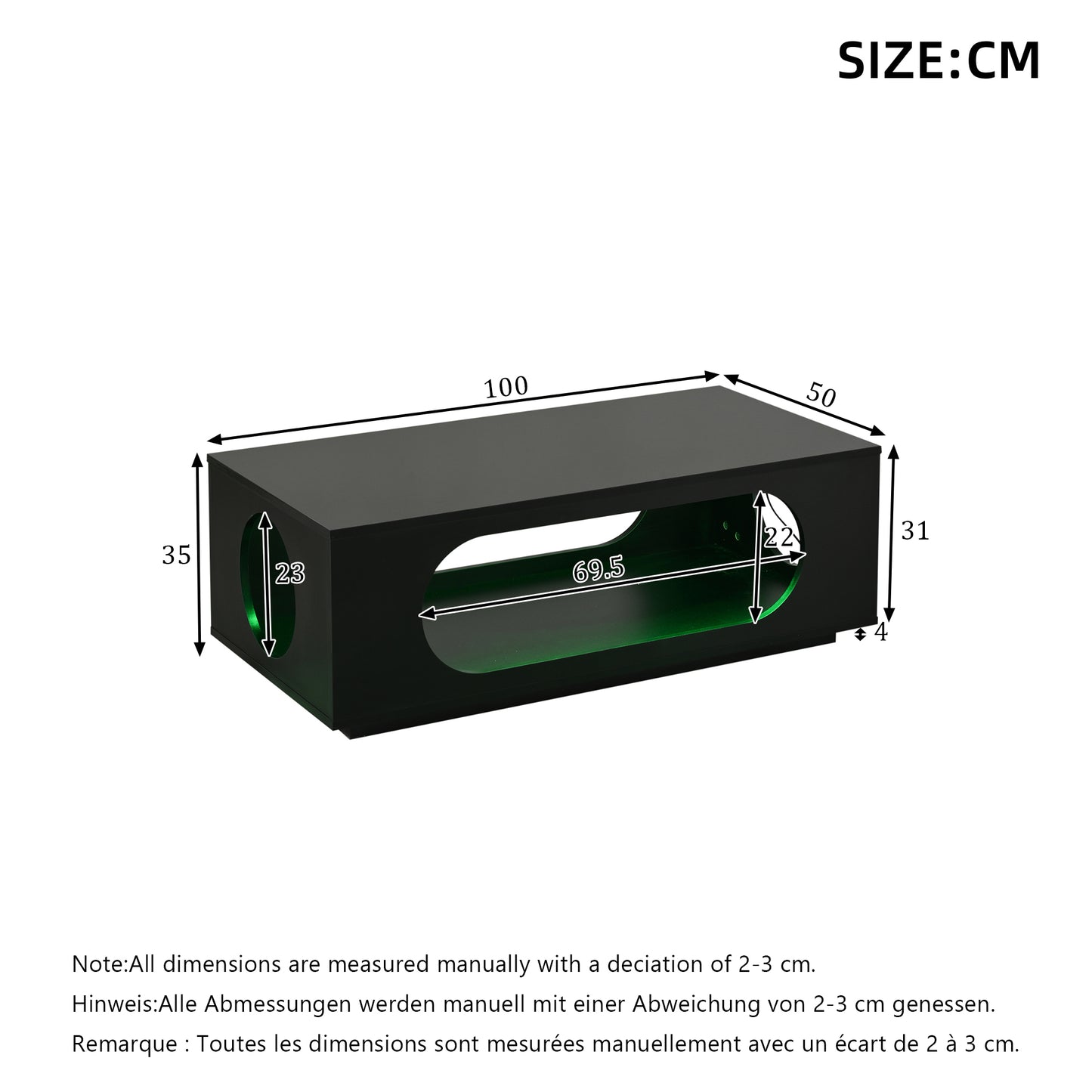 Coffee Table With LED Lighting  App Control , 100x50x35cm, MDF Material, 30kg Load Capacity,High Gloss Openwork Coffee Table,Large Storage Side Table,Sofa Table,Black