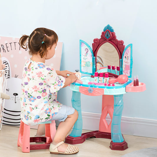 Kids Vanity Set with Self-Opening Magic Mirror, Princess Makeup Vanity Table Set with Music, Tabletop with Lights, Imaginative Toy for 3-6 Years Old Child