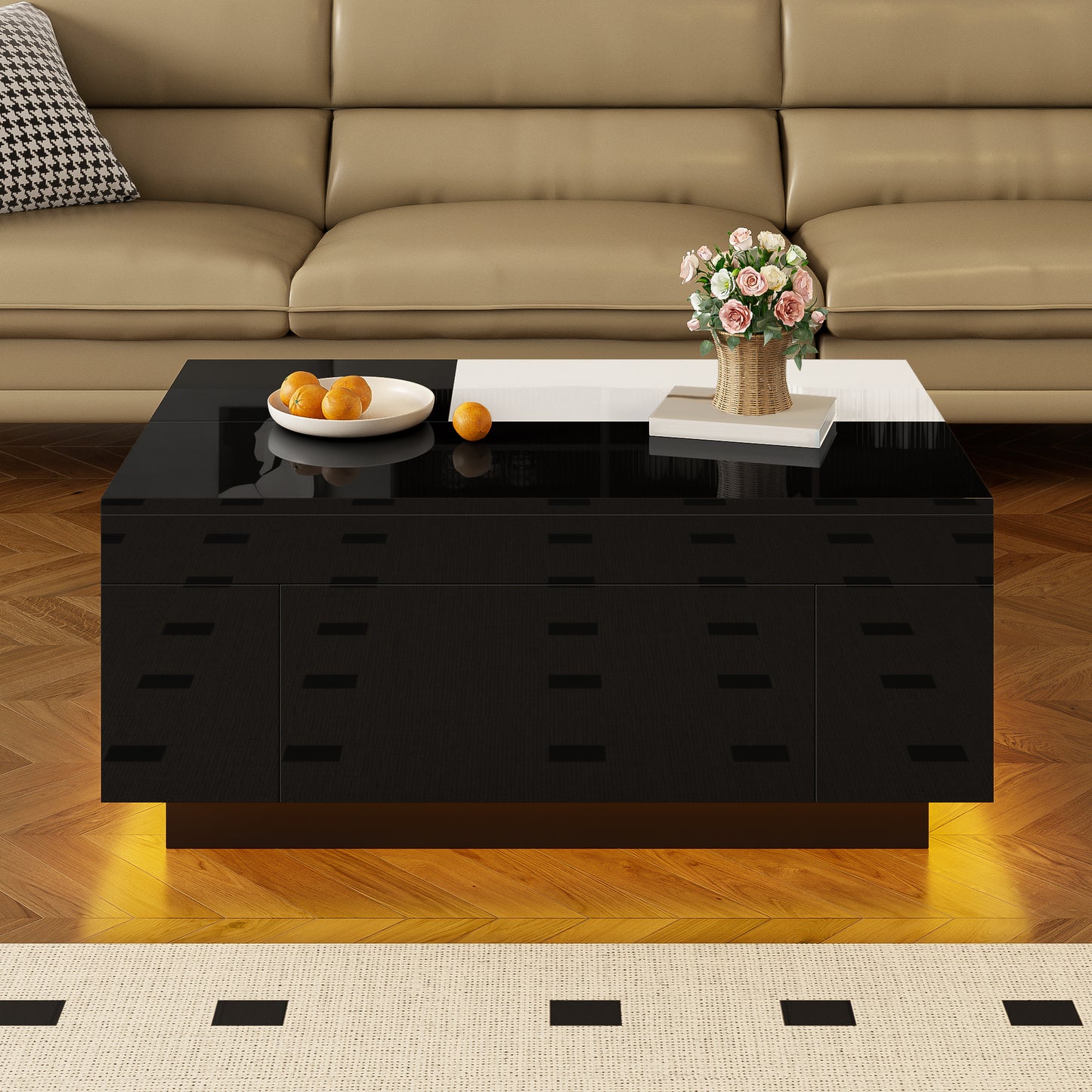 High-gloss Coffee Table With LED Lighting, Extendable Black And White Tabletop, Hidden Storage And 16-colour Adjustable Light Strip - The Ideal Choice For A Stylish Living Room