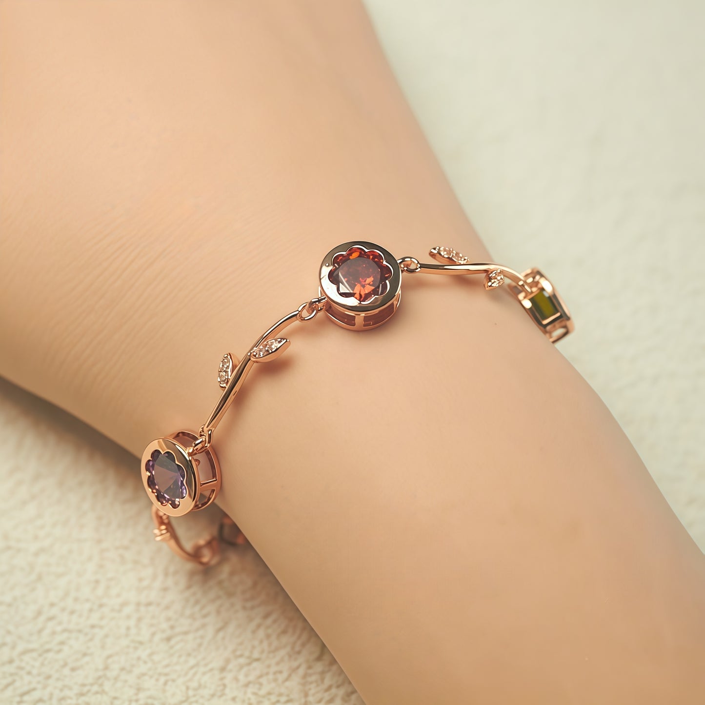 Rose Gold Branch Leaf Multicolor CZ Link Bracelet For Women, Copper Plated Silver Adjustable Extension Chain Floral Gem Wedding Daily Jewelry Gift