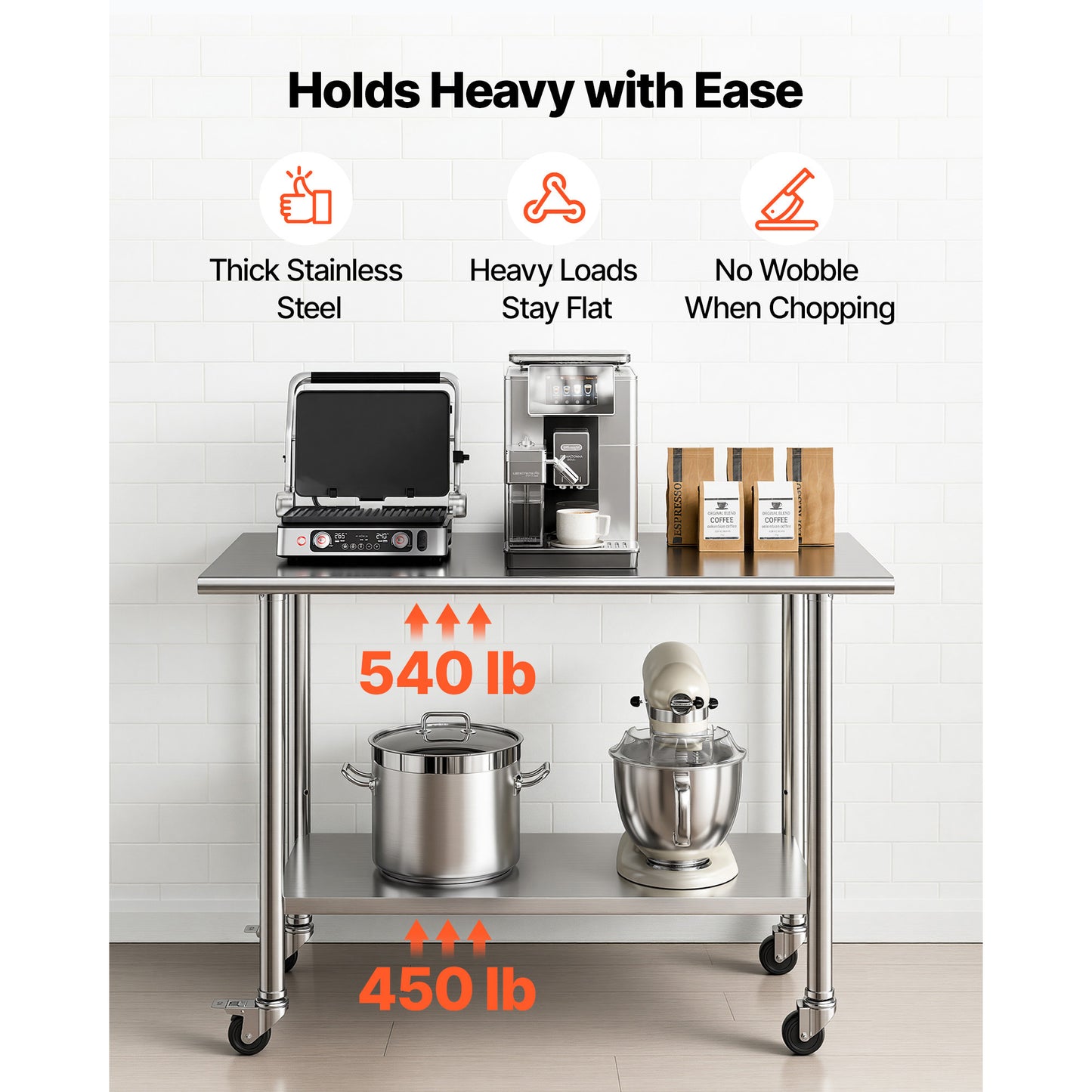 Stainless Steel Work Table, 24x48 Inch Food Prep Table With Wheels, Commercial Kitchen Workstation With Adjustable Undershelf, Metal Utility Worktable, For Restaurant Home Outdoor