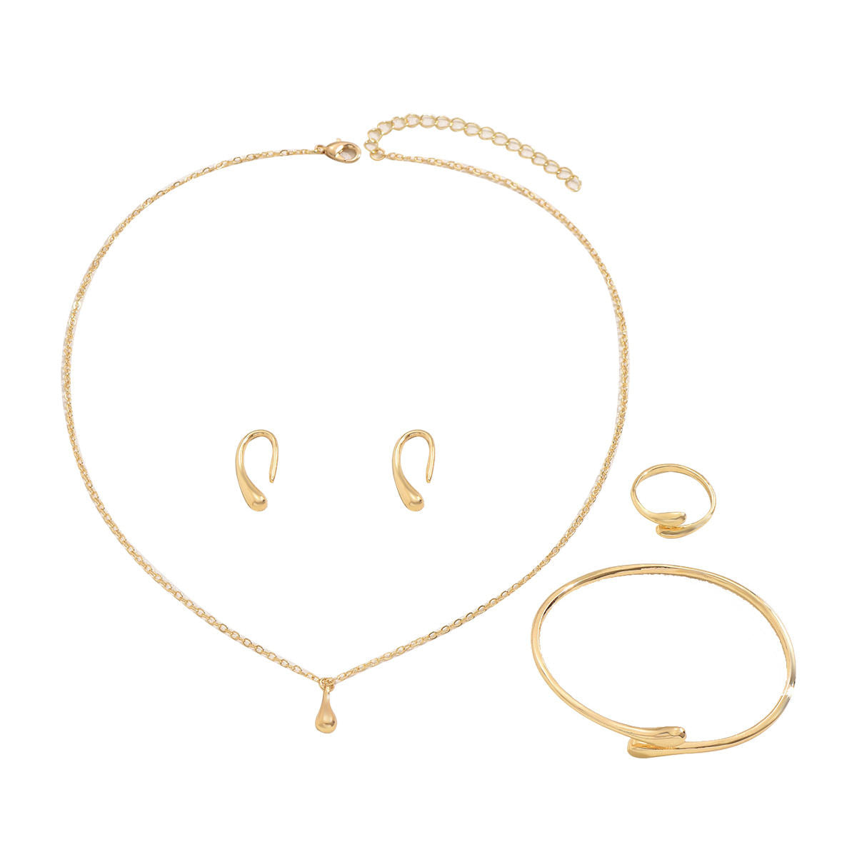 Minimalist Dainty Korean Style Jewelry Set For Women, Teardrop Design Earrings Necklace Adjustable Open Ring & Bangle, Versatile Daily Fashion Jewelry