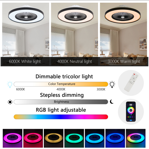 23 Inch Black Ceiling Fan Light With LED RGB  Dimmable & Color-Changing, APP & Remote Control, Modern Smart Ceiling Fan For Living Room, Bedroom, And Dining Room Silent-6Speed-Reversible-DC Motor