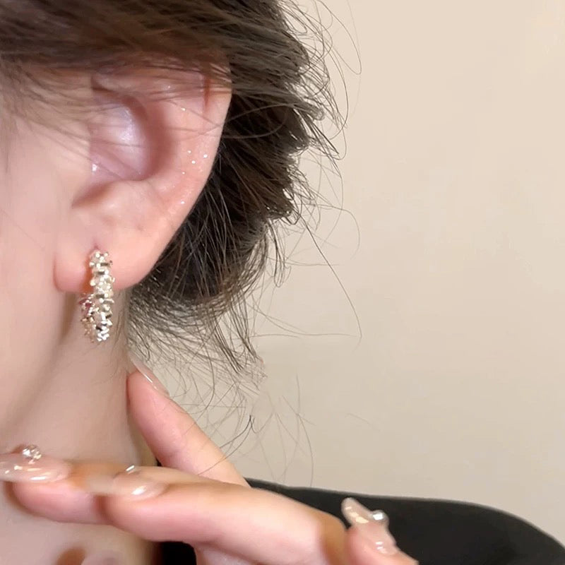 1pair 999 Sterling Silver Crushed Bead Hoop Earrings, Minimalist Chic Style, For Daily Wear & Casual Office Outfits