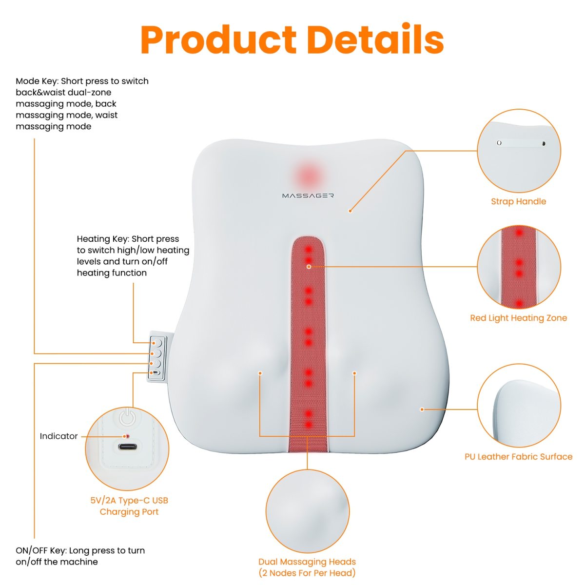 1 Set  Shiatsu Back Massager 3D Deep Tissue Kneading Massage Pillow Cordless USB Rechargeable With 3 Massaging Modes 2 Heating Levels 10Mins Auto-Off For Back Shoulder Waist Lumbar No Chair