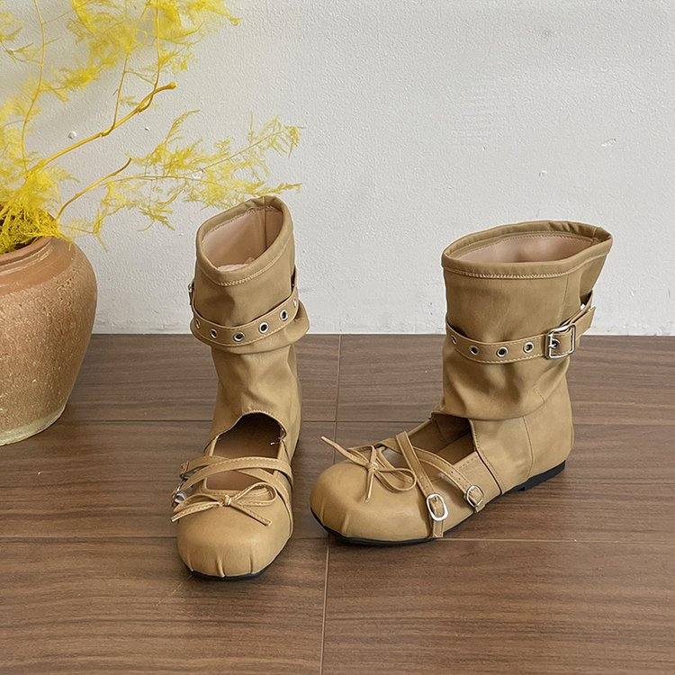 Women Round Toe Ballet Style Hollow Mid-calf Stackable Sandal Boots, Removable Belt Buckle Inner Height Increasing Shoes For Outdoor Wear