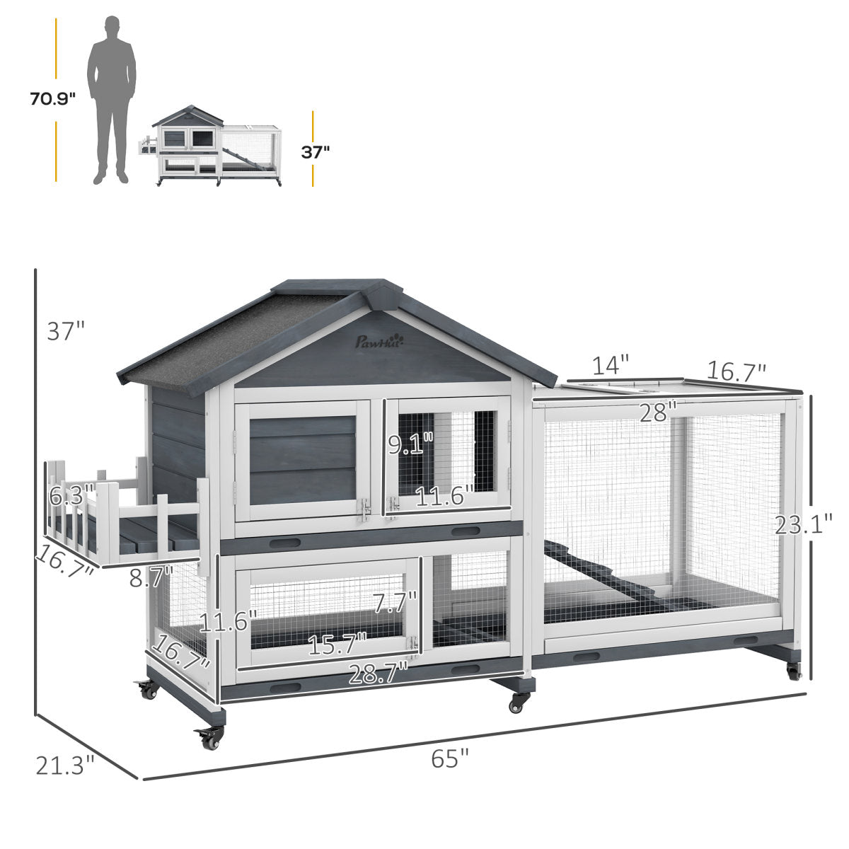 65" Wooden Rabbit Hutch, Pet Playpen with Openable Roof & Storage Box for Rabbits and Small Animals, Gray