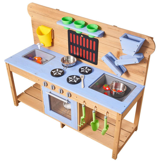 Mud Kitchen, Outdoor Mud Kitchen For Kids, Wood Outdoor Play Kitchens With Stoves, Hooks, Double Sinks, Planting Shovels, Spatulas, Cookware Pots And Accessories, Play With Water And Sand