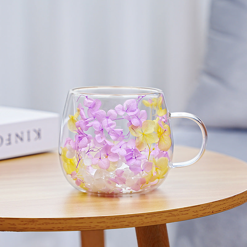 High-borosilicate Glass Tea Cup Internet-famous Double Layer Design With Real Flowers Inside