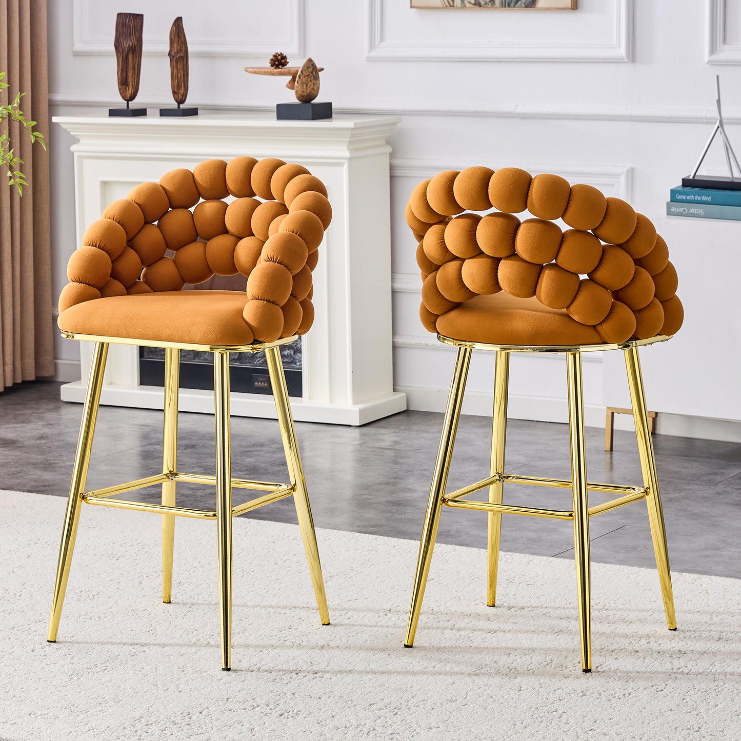 Set Of 2 Orange Puffy Bubble Chair Ball Chain Chair Velvet Bar Stools With Gold Legs, Modern Tufted Accent Bar Chairs For Kitchen Island & Home Bar