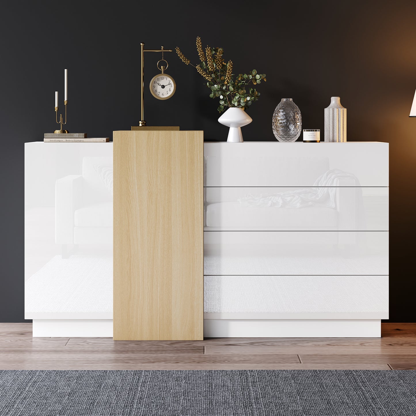 White High-Gloss Sideboard Cupboard With 4 Drawers, Modern Dining Room Large Display Storage Cabinet With 2 Doors, Natural Wood Color,Unit For Living Room Kitchen And Bedroom,140 X35x76.5 Cm