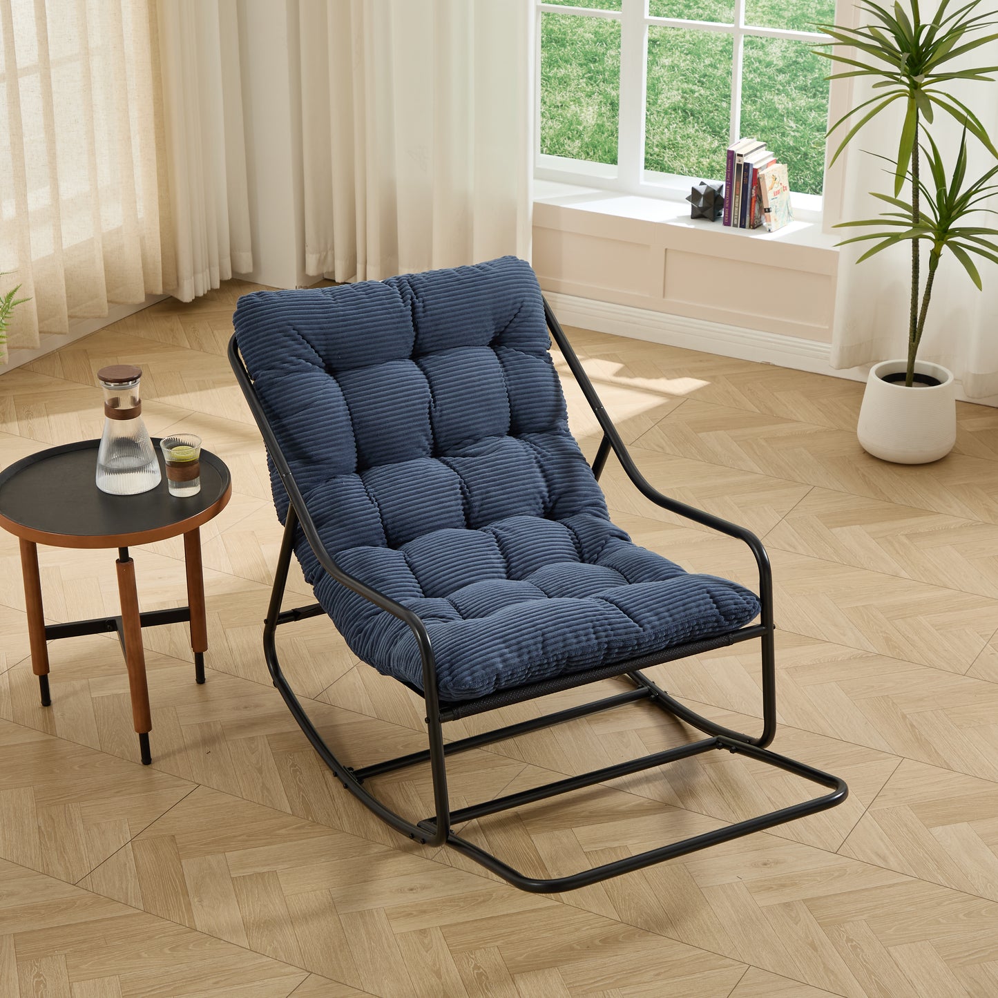 Outdoor Rocking Chair, Comfy Cushion, With Soft Thick Cushion,for Living Room, Bedroom, Reading Room, Black Frame With Navy Blue Cushion