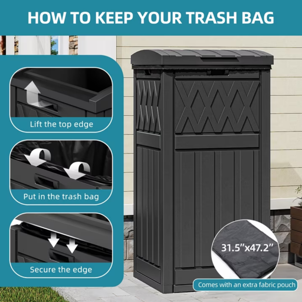 38 Gallon Outdoor Trash Can, Waterproof Resin Garbage Bin With Lid & Drip Tray For Porch Backyard Patio, Black  Shipment From Walmart