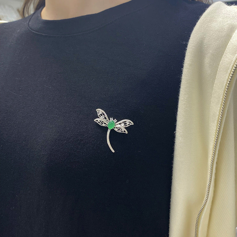 S925 Sterling Silver Dragonfly Brooch, 8x6mm Cabochon Green Chrysoprase, Platinum Plated 3.9g, Elegant Women's Brooch Pin With Gift Box