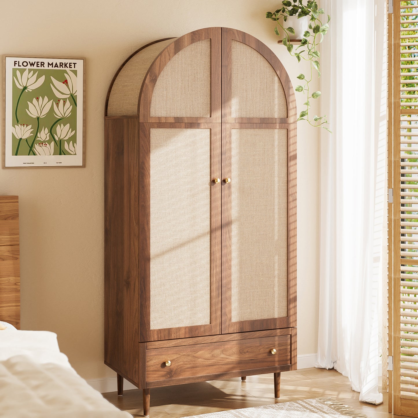 Elegant Wardrobe With Fabric Doors  Drawer, Clothes Cabinet  Walnut Look, Sturdy Wooden Legs, Practical Storage For Clothing & Accessories  Ideal For Bedroom, Guest Room Or Dressing Room