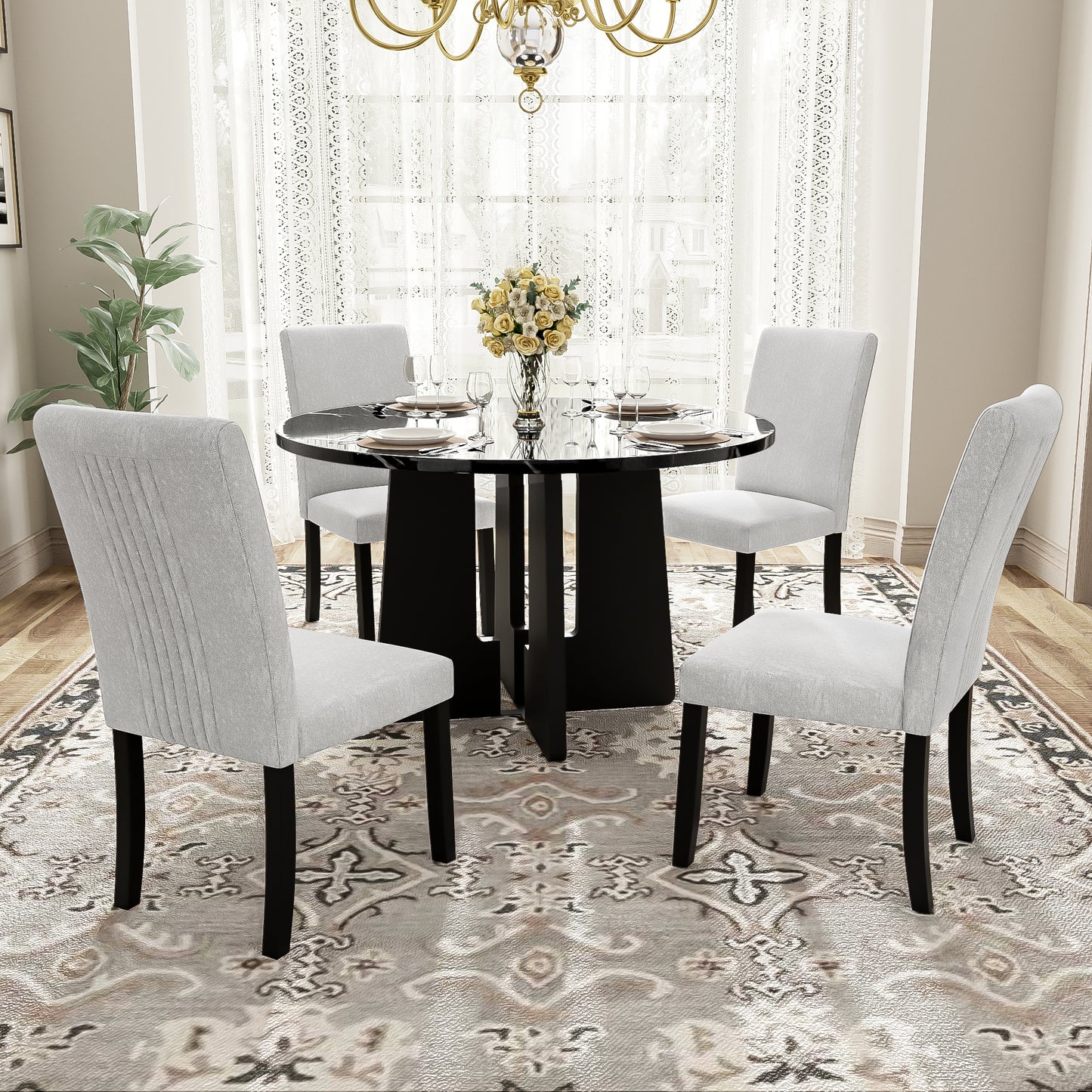 5-Piece Round Dining Table Set, 43-Inch Modern Dining Table And 4 Upholstered Chairs For Dining Room, Kitchen Room, Living Room, Easy Assembly