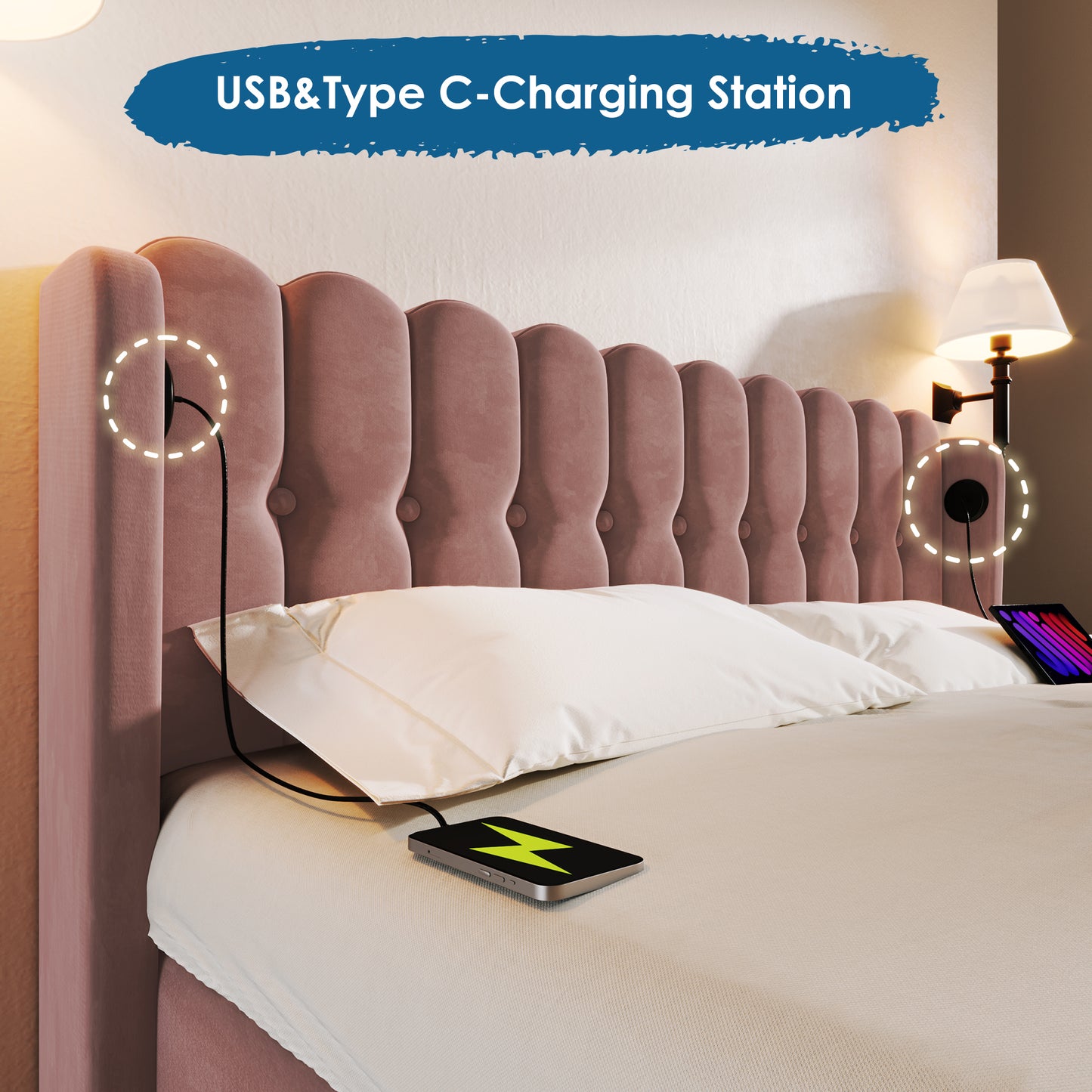Upholstered Double Bed With USB And Type-C Charging, Bed Frame With Wooden Slatted Frame, Teenager Bed For Bedroom & Guest Room, 4ft6 135 X 190 Cm Bed Frame, Pink, Velvet Material