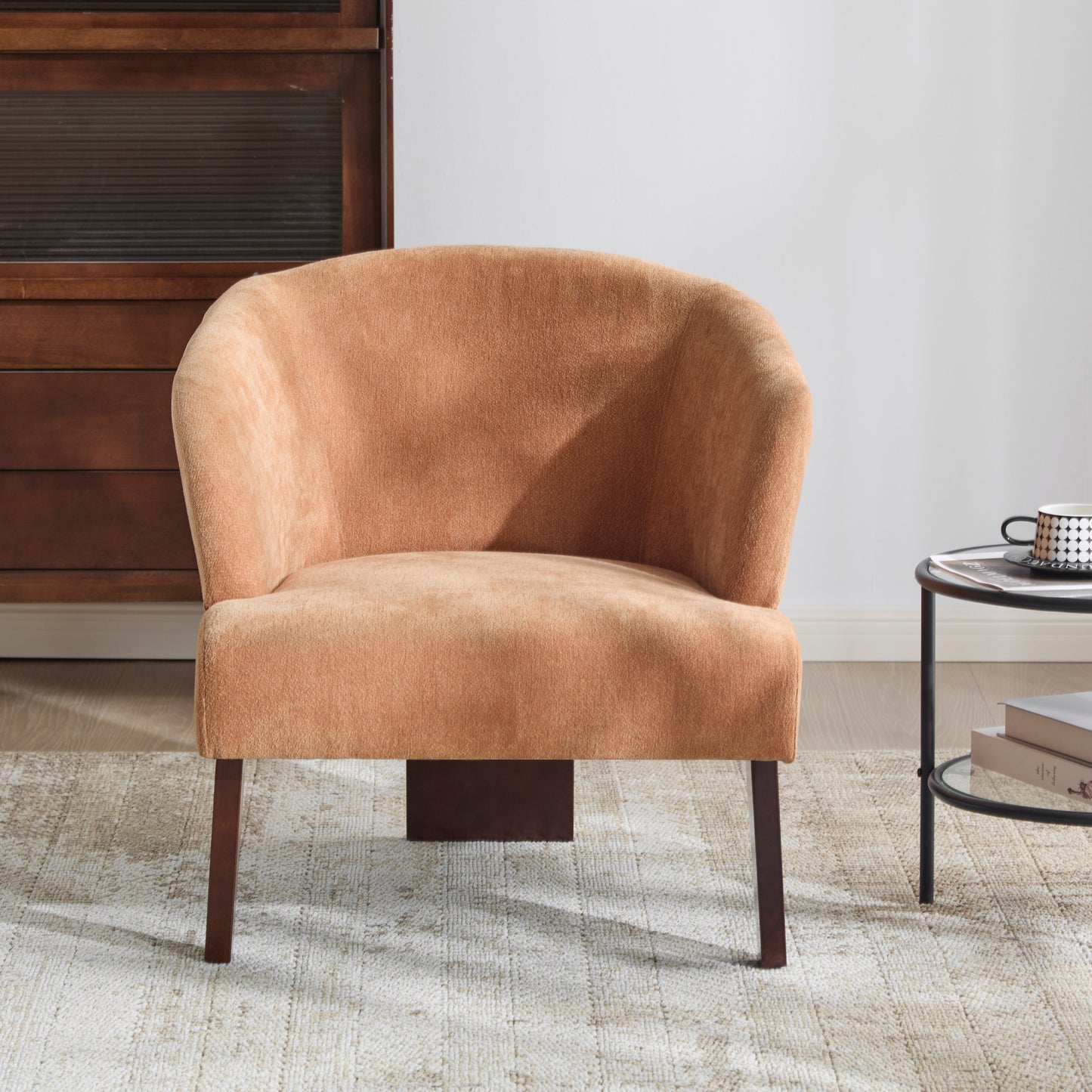 Modern Accent Chair With Round Back & Wooden Legs - Mid-Century Inspired Lounge Chair For Living Room, Bedroom, Or Office - Soft Fabric Upholstery