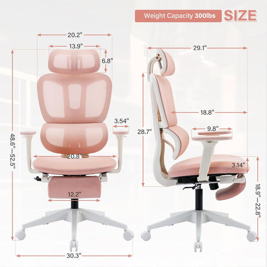 Ergonomic Office Chair With Footrest, High-back Computer Chair With Dynamic Lumbar Support, 2D Headrest & 4D Armrests, Sponge Cushion & Mesh Back, Home Office Chair For Adults, Pink.