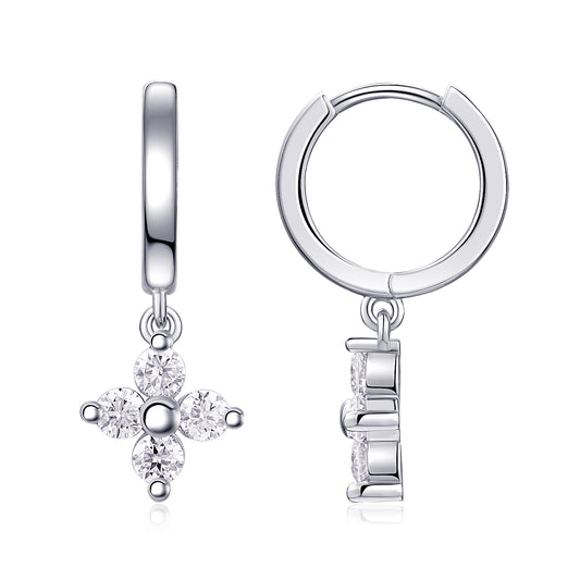 S925 Sterling Silver Clover Drop Earrings, D-VVS1 Moissanite Huggie Dangle, Platinum Plated 3.8g Women's Jewelry Gift Box
