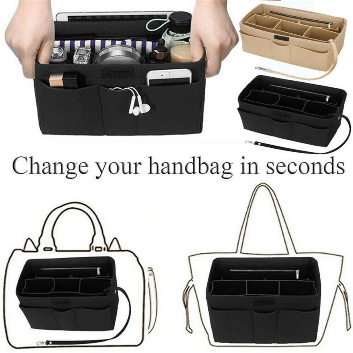 Ladies Felt Travel Makeup Bag Insert Liner Purse Pouch Women Organizer Handbag