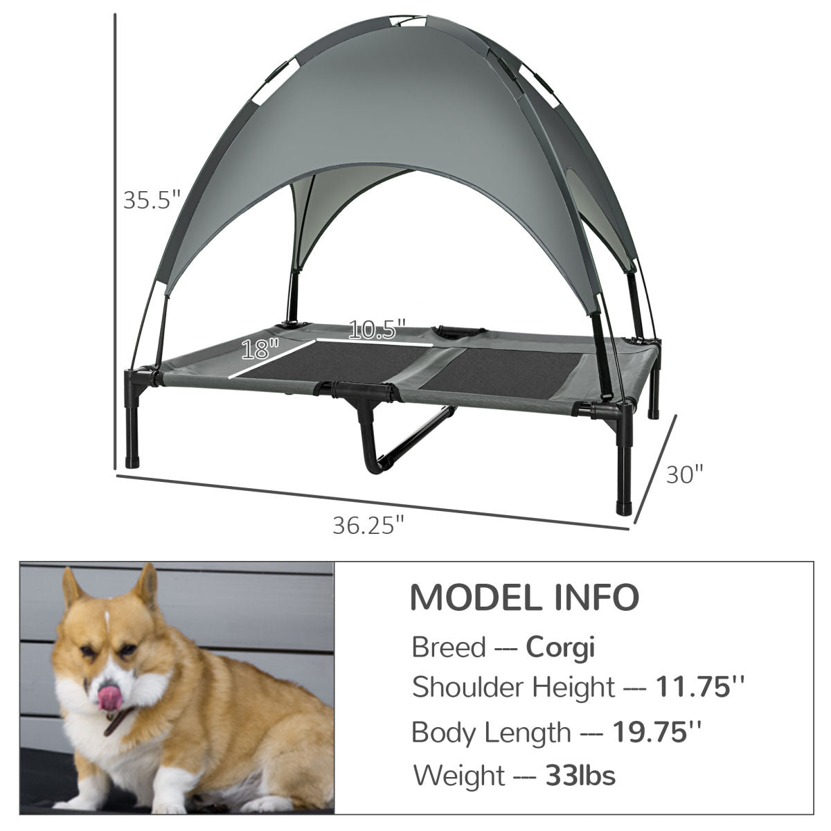 Elevated Dog Bed With Removable Canopy, Outdoor Dog Cot With UV Protection Canopy Shade, 36 Inch Large Pet Bed For Camping, Gray