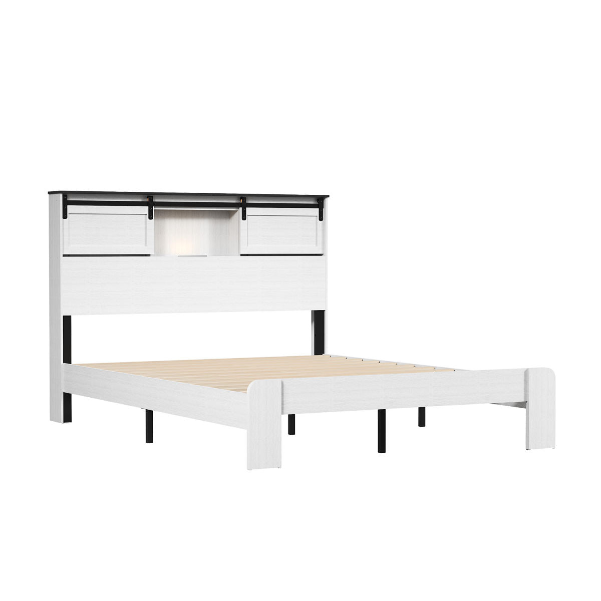 Farmhouse Queen Size Bed Frame With Storage Headboard Barn Door Charging Station Wood Slats No Box Spring Needed White