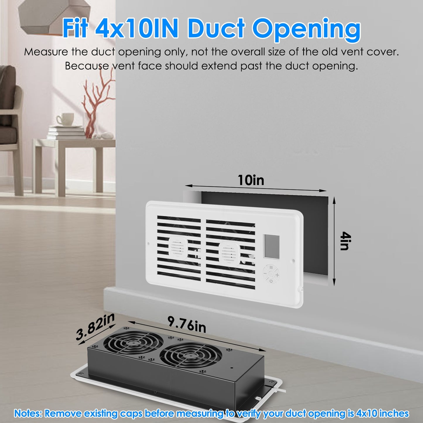 Register Booster Fan Smart AC Vent Booster Fan Fit 4in Plus 10in Register Holes With 3 Modes 10 Speeds 2H 4H Timer LCD Screen 2 Scent Diffuser Slots Remote Control Dual Motors For Wall Ceiling Floor