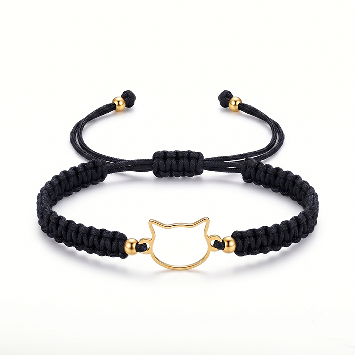 Minimalist Cat Outline Cord Bracelet - 18K Gold Plated Stainless Steel Waterproof String Bracelet - Cute Animal Jewelry Gift For Cat Lovers Men Wome