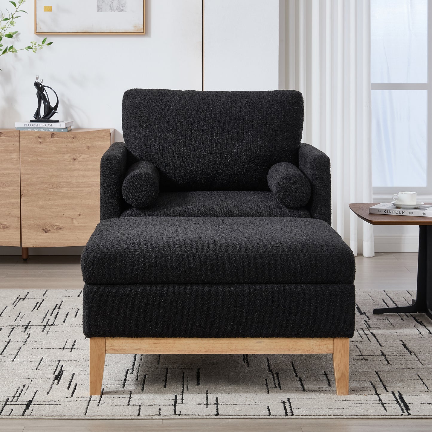 35.4  Wide Farmhouse Performance Upholstered Wood Base Square Accent Arm Chair With Ottoman Natural Wood Legs With Reversible Lid Coffee Table For Living Room Office And Lounge,Black Boucle