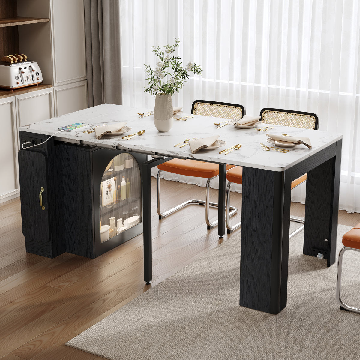 Kitchen Island With Wheels, Extendable Dining Table With Removable Table Top, Mobile Serving Trolley With Power Strips, Serves As A Sideboard, Sideboard Or Bar Table For Kitchen And Dining Room  Black