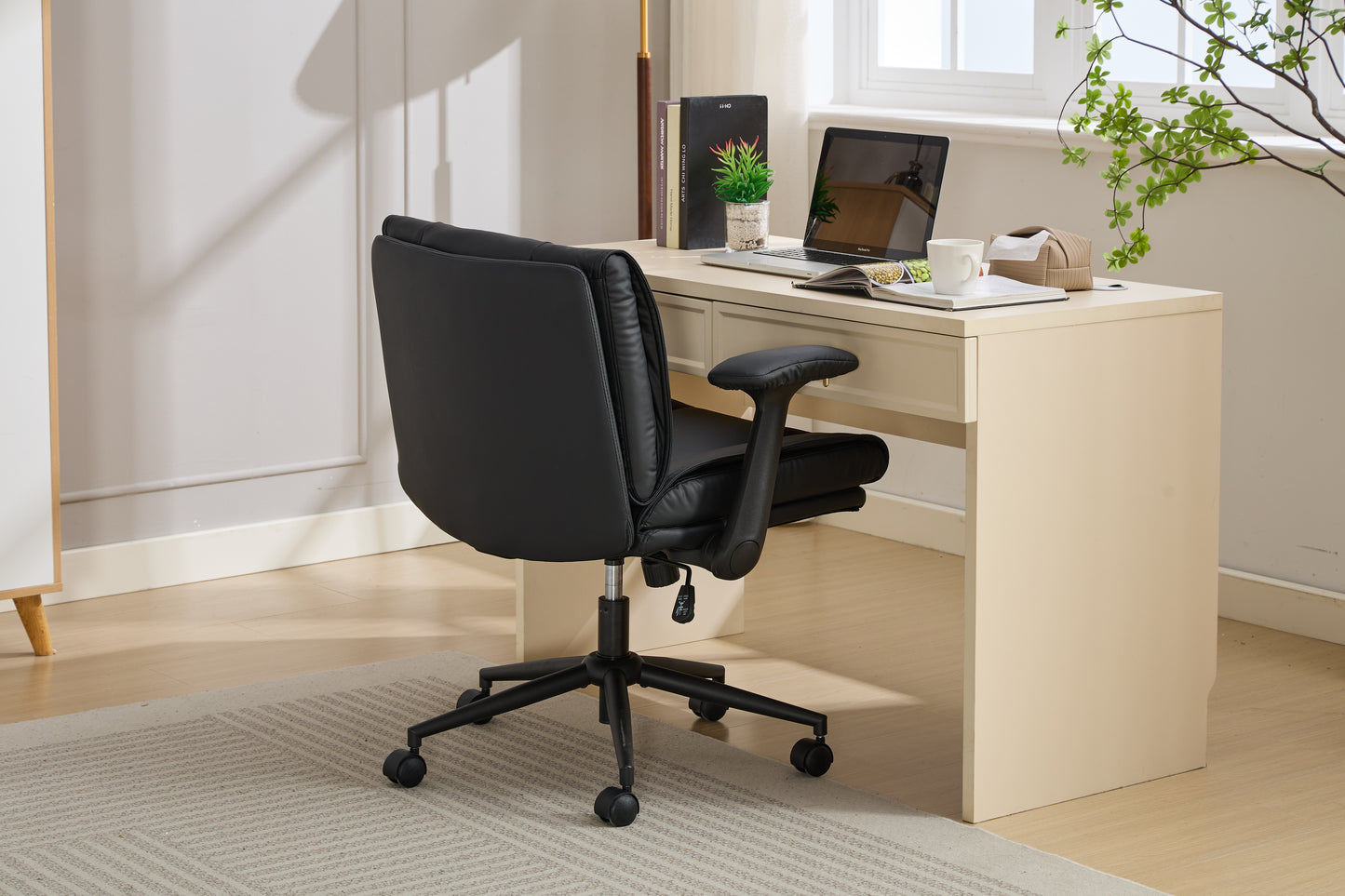 With Flip-Up Armrests Leather, Cross Legged Office Chair On Wheels, Comfy Swivel Chair With Wide Seat For Home Office, Vanity,  Ergonomic Desk Chair Adjustable, Black