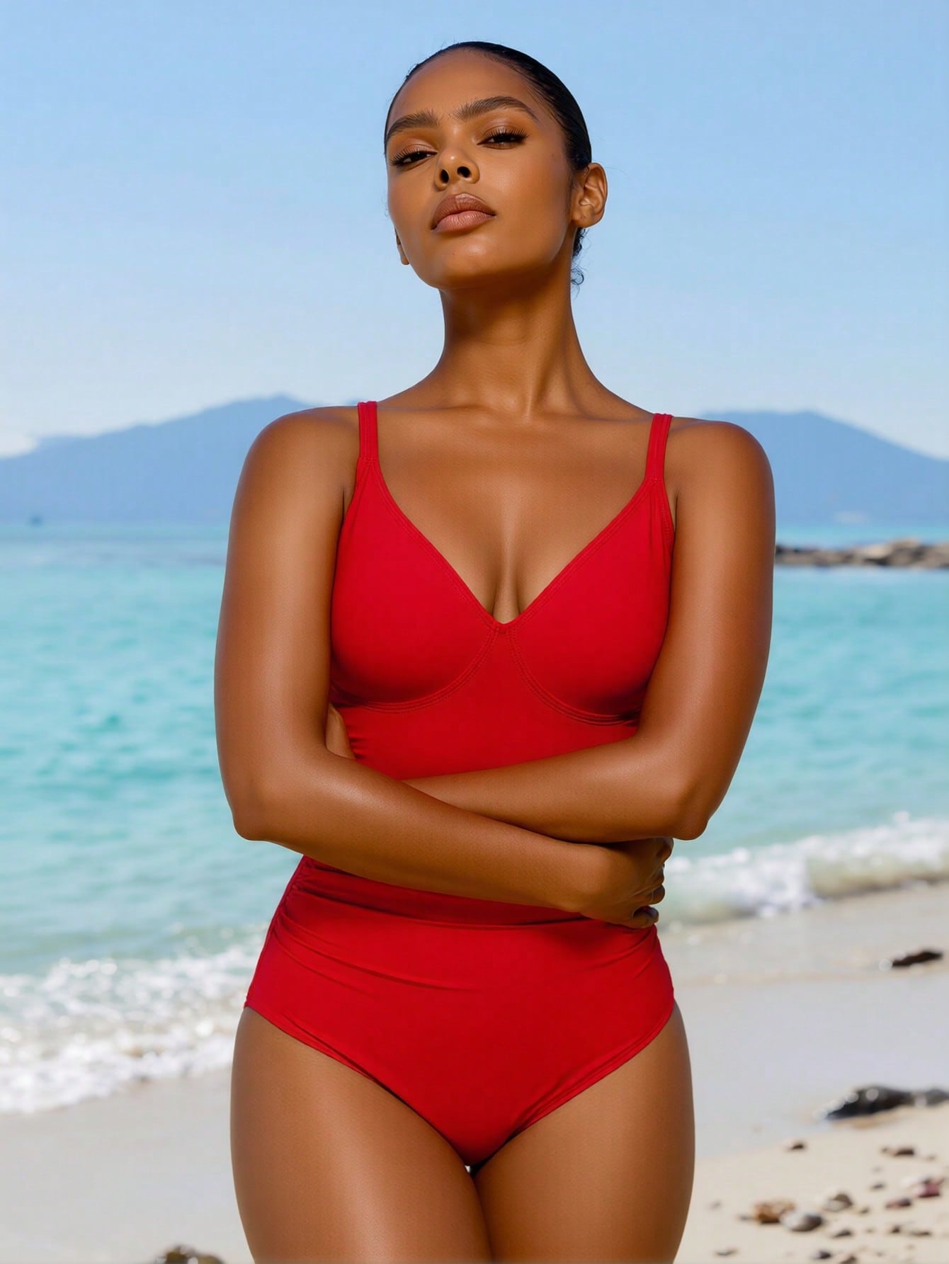 2026 New Women's One-Piece Swimsuit Vibrant Red With Deep V-Neck, Ruched Tummy Control And Thin Shoulder Straps