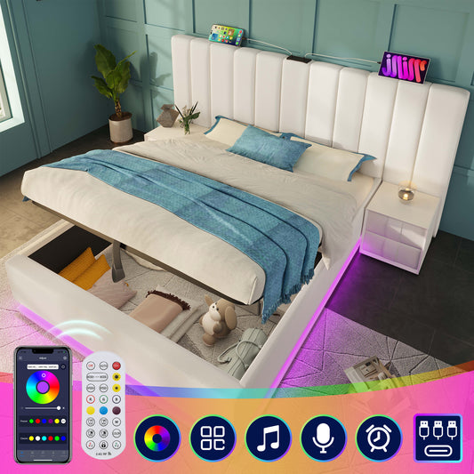 Upholstered Bed 160x200, Double Bed Storage Bed With App Control LED And USB-C Charging Function, Bed Frame With Slatted Frame, PU, White, Without Mattress And Bedside Table