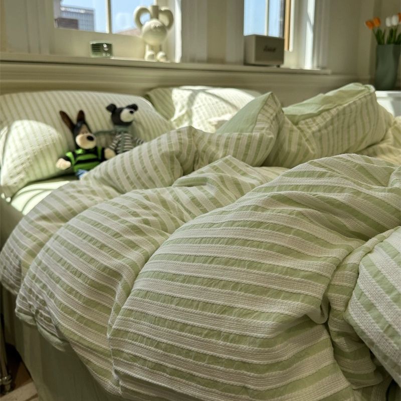 Korean-style Striped Puffy Duvet Cover 4-piece Bedding Set