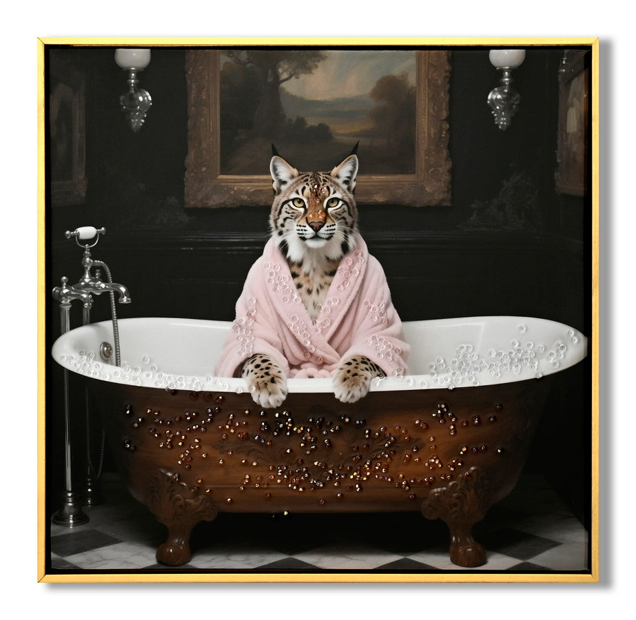Tiger In Bathtub Wall Art Print Poster, Bathroom Decor Posters Prints For Restroom Home Picture Painting Artwork Gallery 1  Tiger, 16 X 16 Inches, Wood Frame