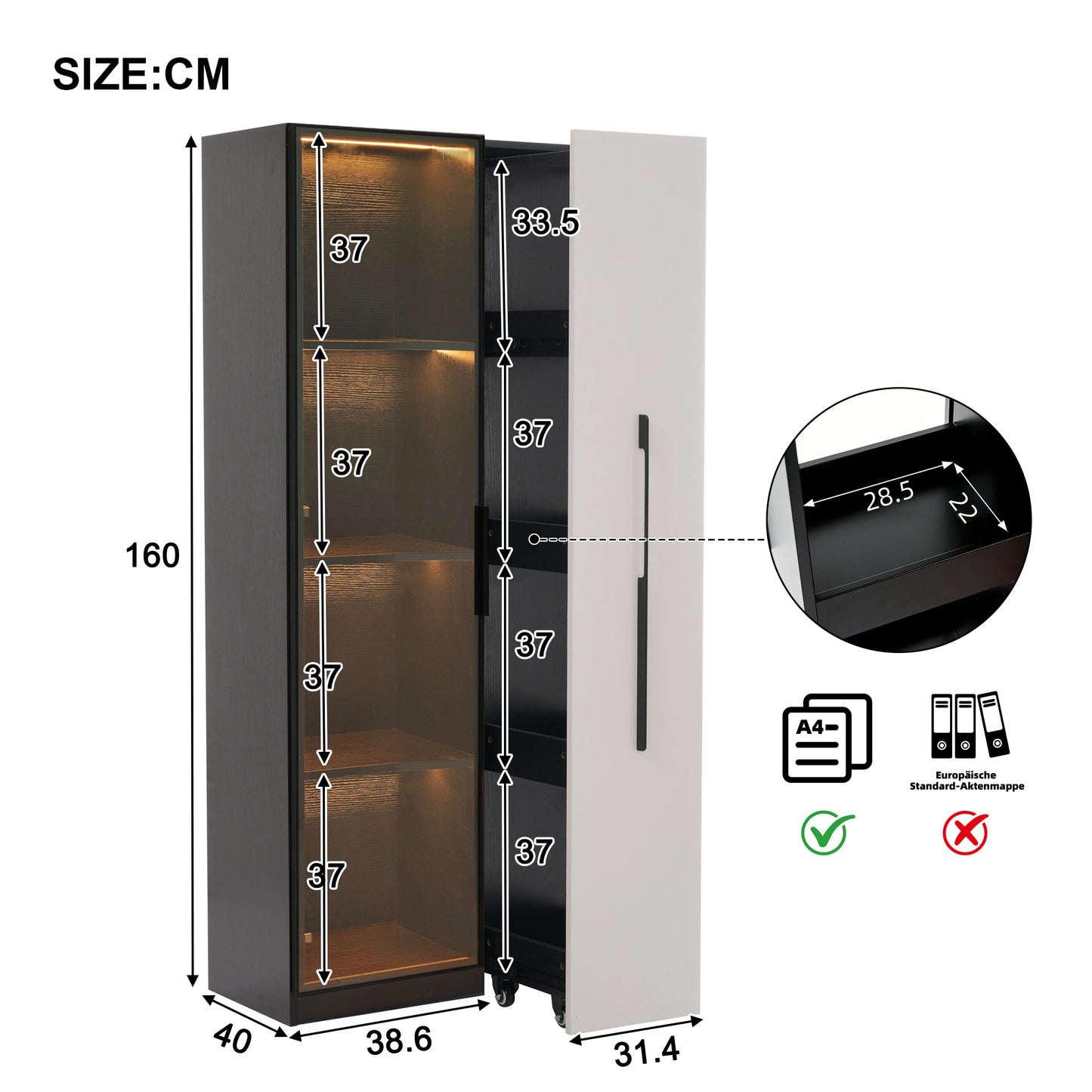 Multifunctional Cabinet 160 Cm High  Bookcase And Display Cabinet With Tempered Glass Doors, Aluminium Door Frame, 1 Door, 1 Side Drawer, With Castors And LED Lighting  Display Case, Dining Room