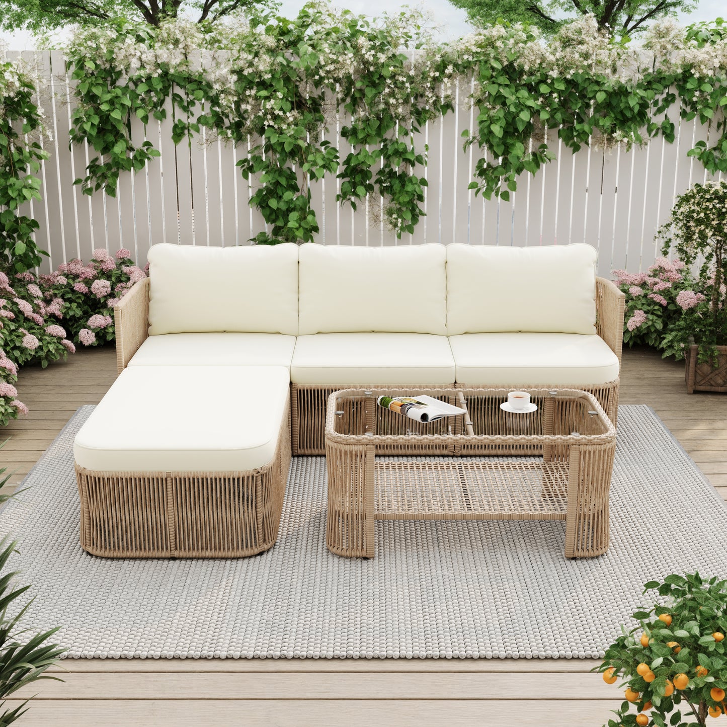 Outdoor PE Rattan Patio Furniture Set With Iron Frame, Dark Beige Wicker Conversation Sofa