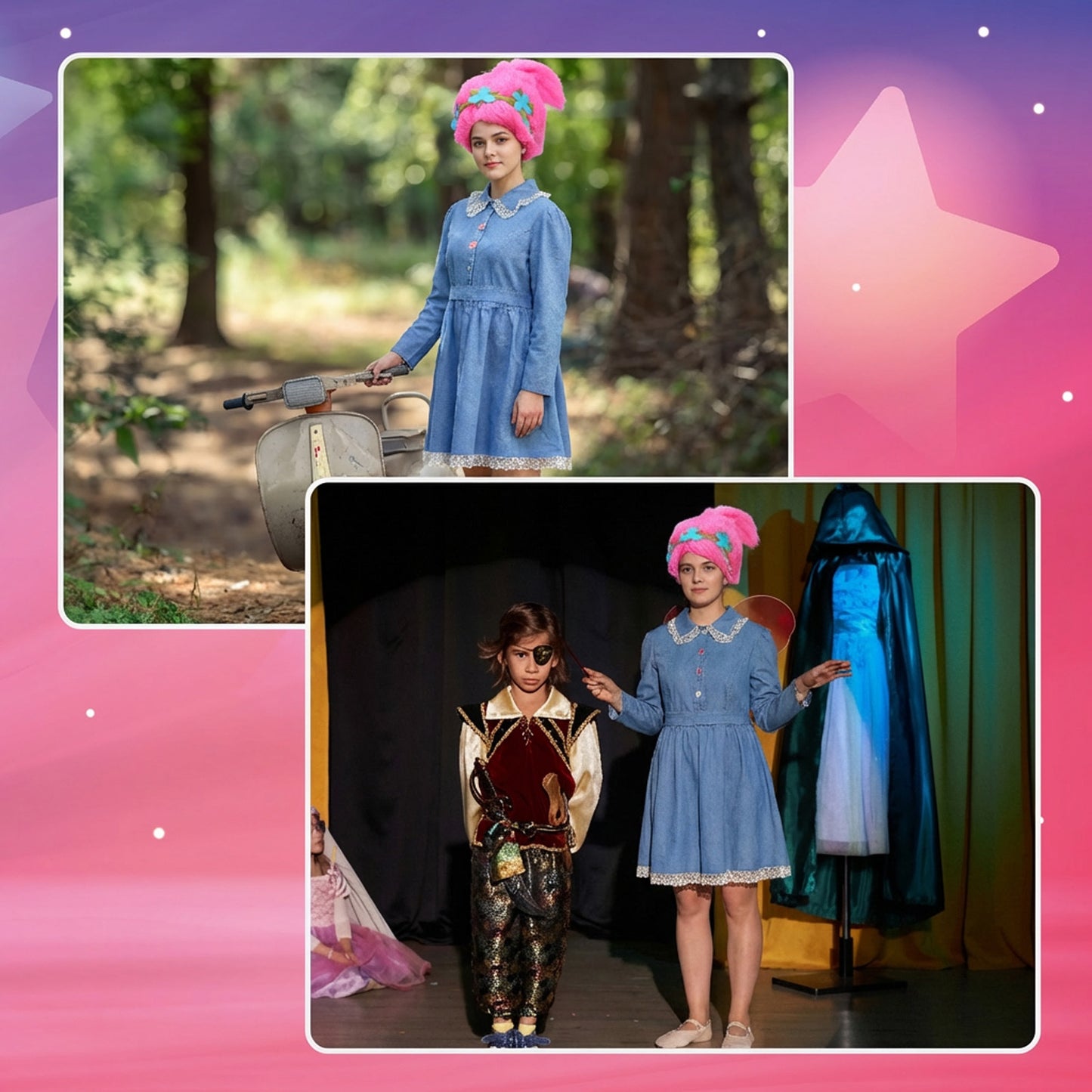 Women’s Troll Costume Set With Wig And Bag, Colorful Troll Costume For Women, Playful Halloween Costume With Troll Emblem—Party Supplies Set