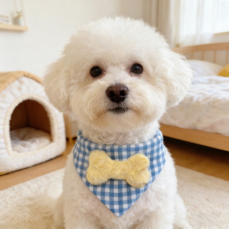 Pet Plaid Plush Bone Bow Saliva Towel