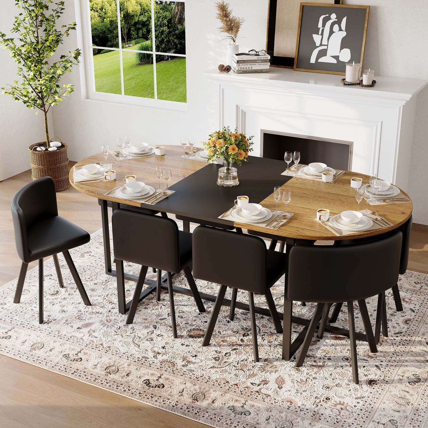 9-Piece Oval Dining Table Set, Fixed Two-Tone Wood Grain & Black Wood Grain Triamine Tabletop With 8 Black PU Leather Chairs, Modern Kitchen Table Set For 8 People, Ideal For Family Gatherings
