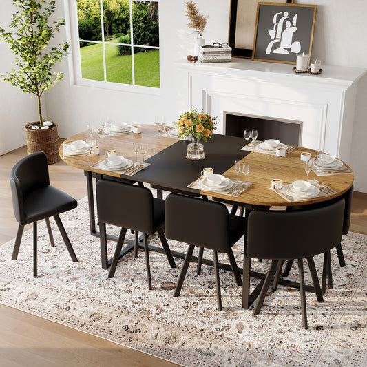 9-Piece Oval Dining Table Set, Fixed Two-Tone Wood Grain & Black Wood Grain Triamine Tabletop With 8 Black PU Leather Chairs, Modern Kitchen Table Set For 8 People, Ideal For Family Gatherings