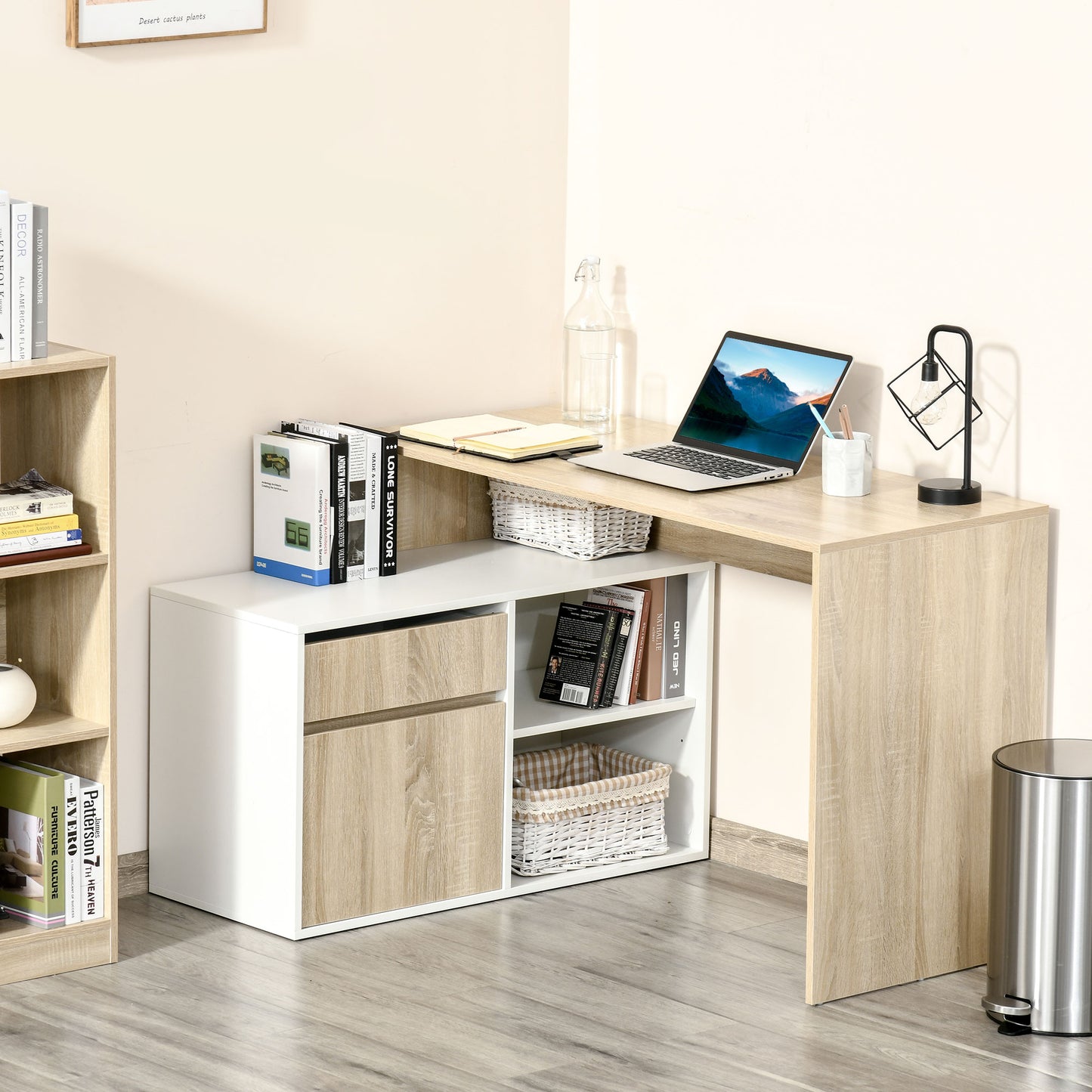 L-Shaped Desk, Corner Computer Desk With Storage Drawer, Adjustable Shelf, Cabinet For Home Office And Study, 120 X 92 X 75cm, Oak And White