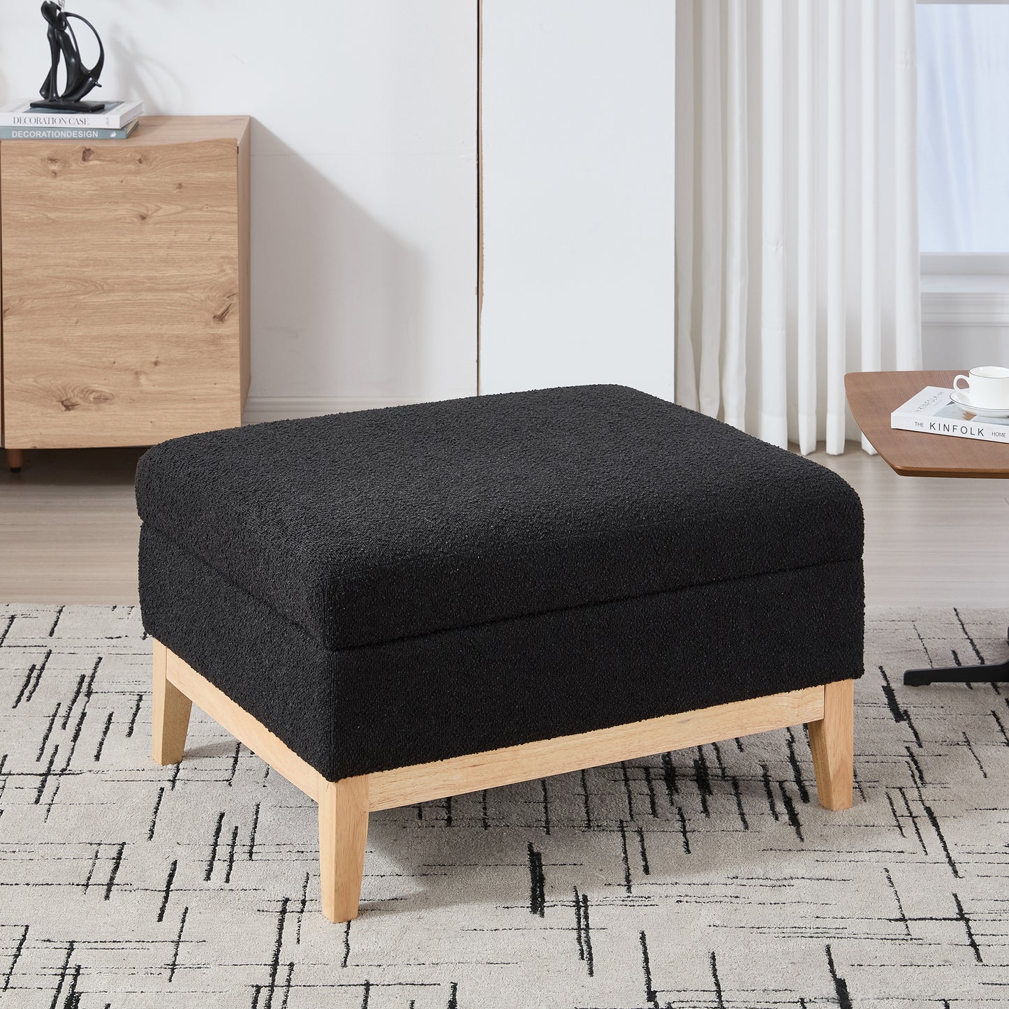 33.86 W Upholstered Wood Base Storage Ottoman With Reversible Lid Coffee Table, Foot Stool Square Footrest With Rubberwood Legs For Living Room Bedroom Entryway And Office,Black Boucle.