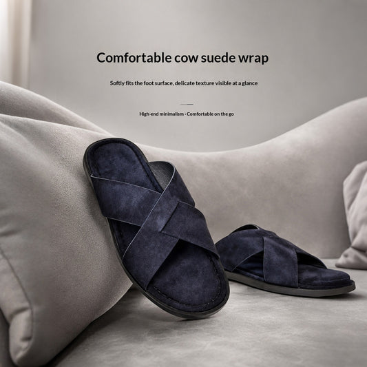 Mens Suede Slippers Summer Outdoor Cross-Strap Sandals