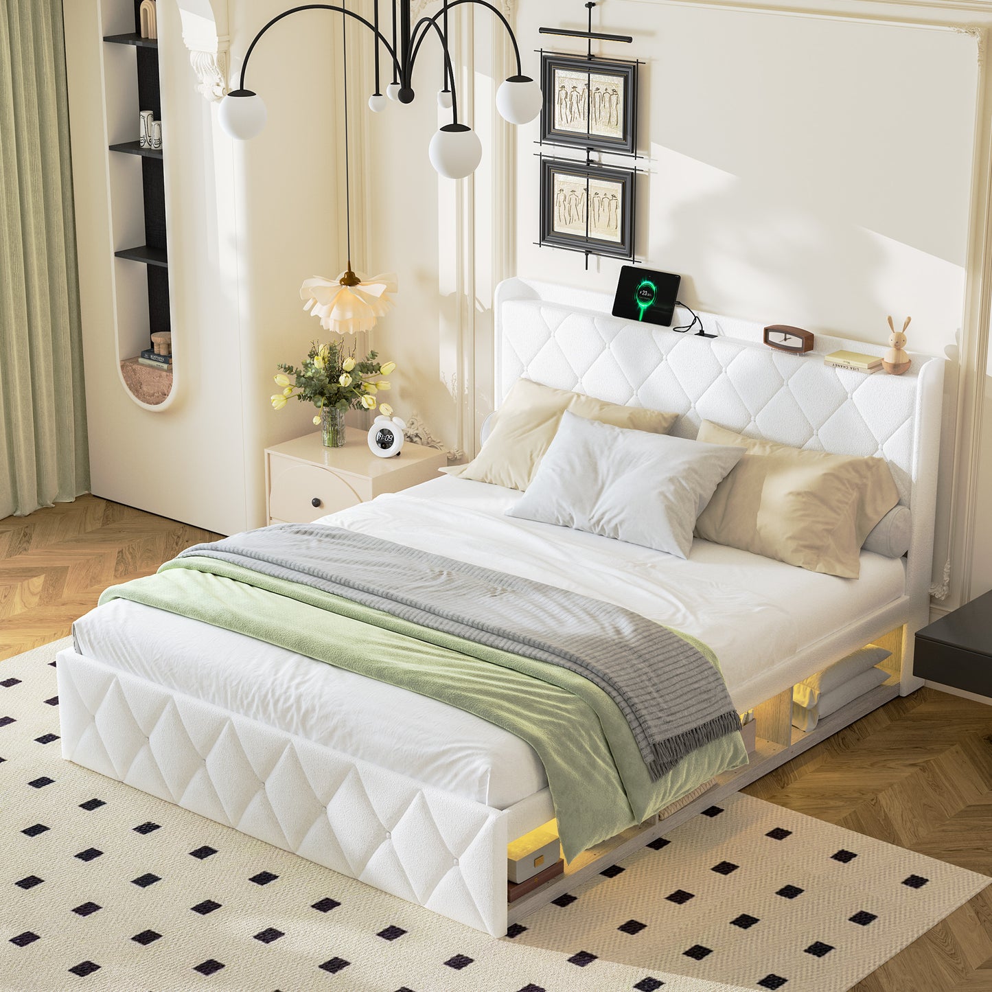 160 X 200 Cm Upholstered Bed, White Plush, Double Bed With USB Charging Function, LED Light Strips On Both Sides, Equipped With 6 Practical Drawers